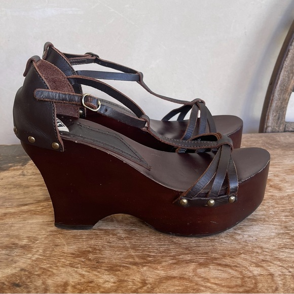LTD FORNONNO Rare Vtg Brown Wood & Leather T-Strap Platform Sandals 37 Italy - Picture 4 of 13